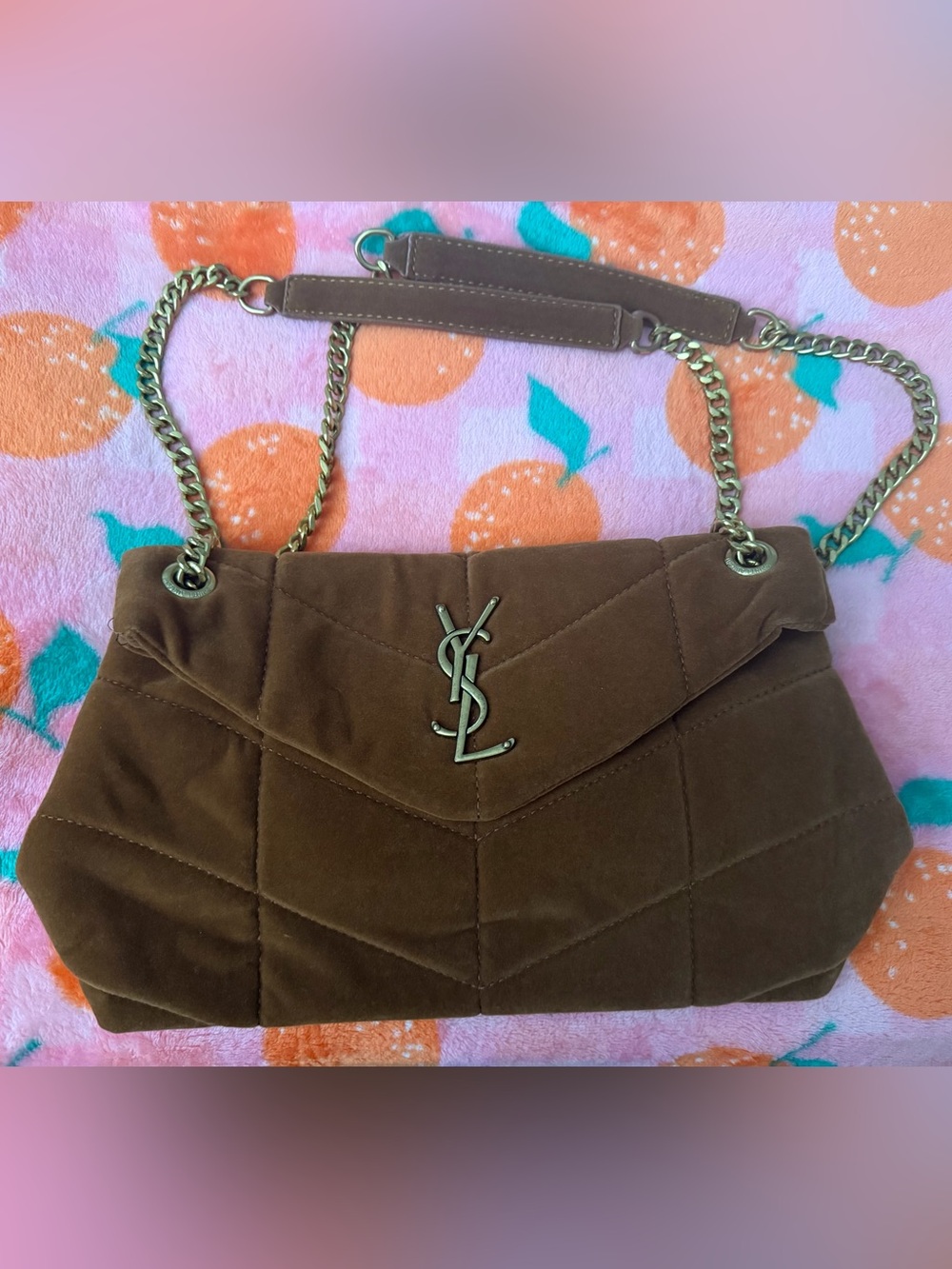 Brown Quilted Velvet Material Shoulder Bag